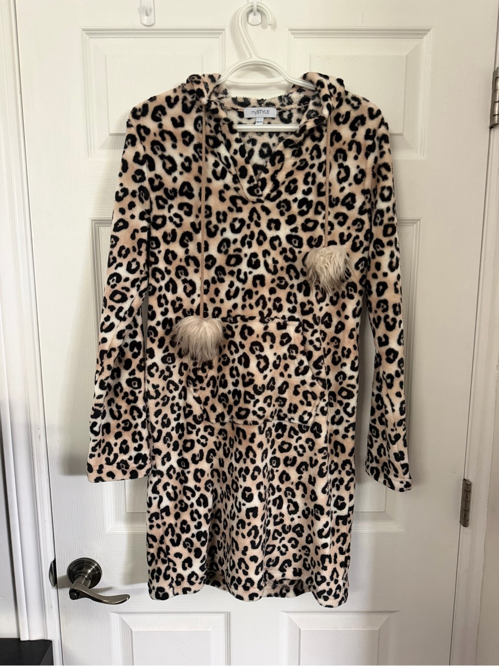 Leopard Plush Hooded Pajama Dress - Beige